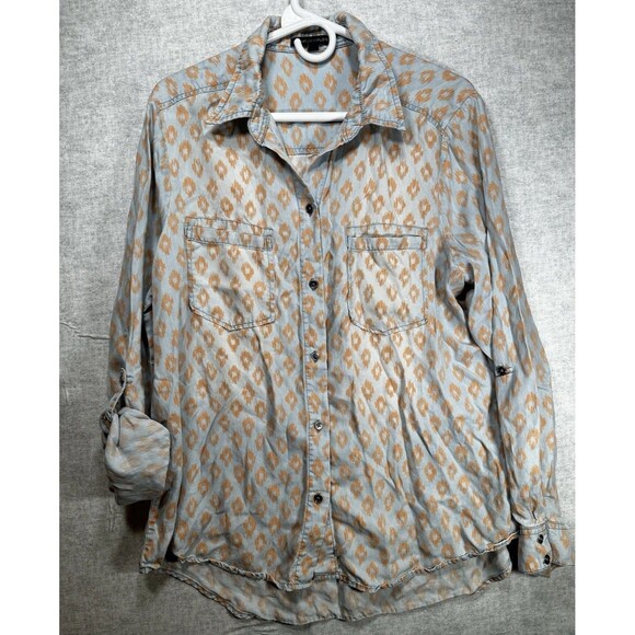 SIGNATURE STUDIO Womens Large Button Down Shirt Blue Orange Pattern Chambray - Picture 2 of 8
